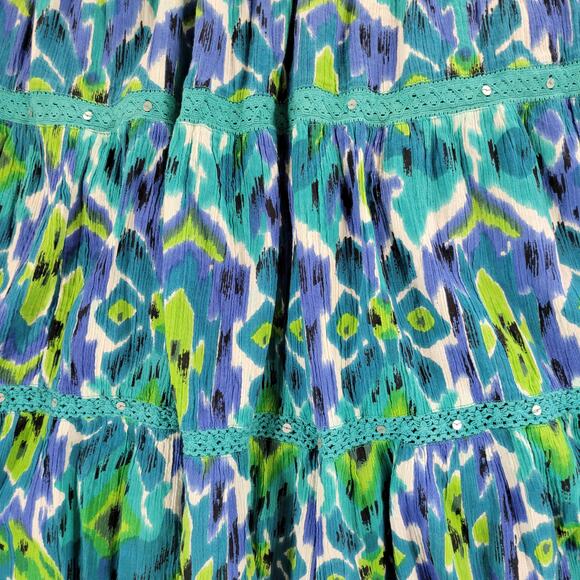 Vintage Notations A-line Skirt Womens L Blue Boho Watercolor Tiered Flowy Hippie - Picture 3 of 16